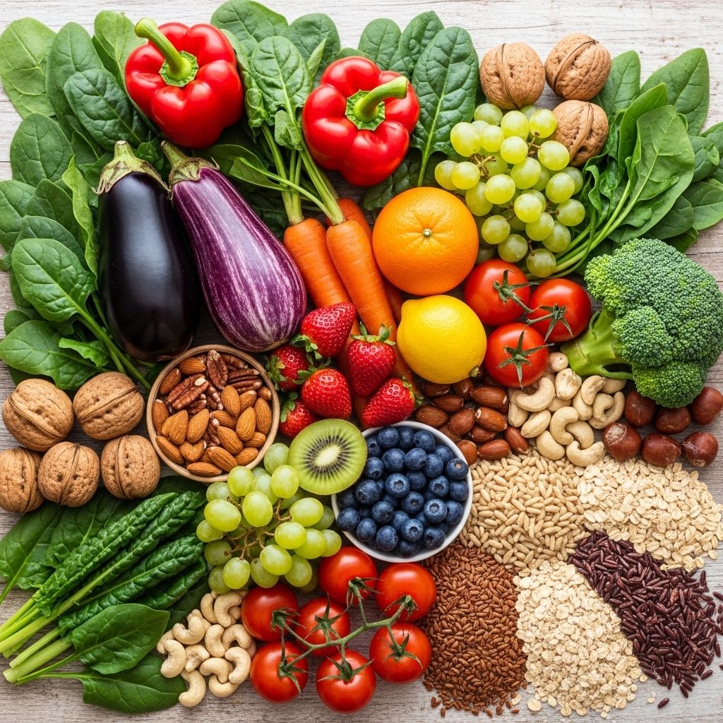 Vibrant arrangement of fresh vegetables, fruits, nuts and whole grains on a light wooden surface photographed from above in bright natural morning light