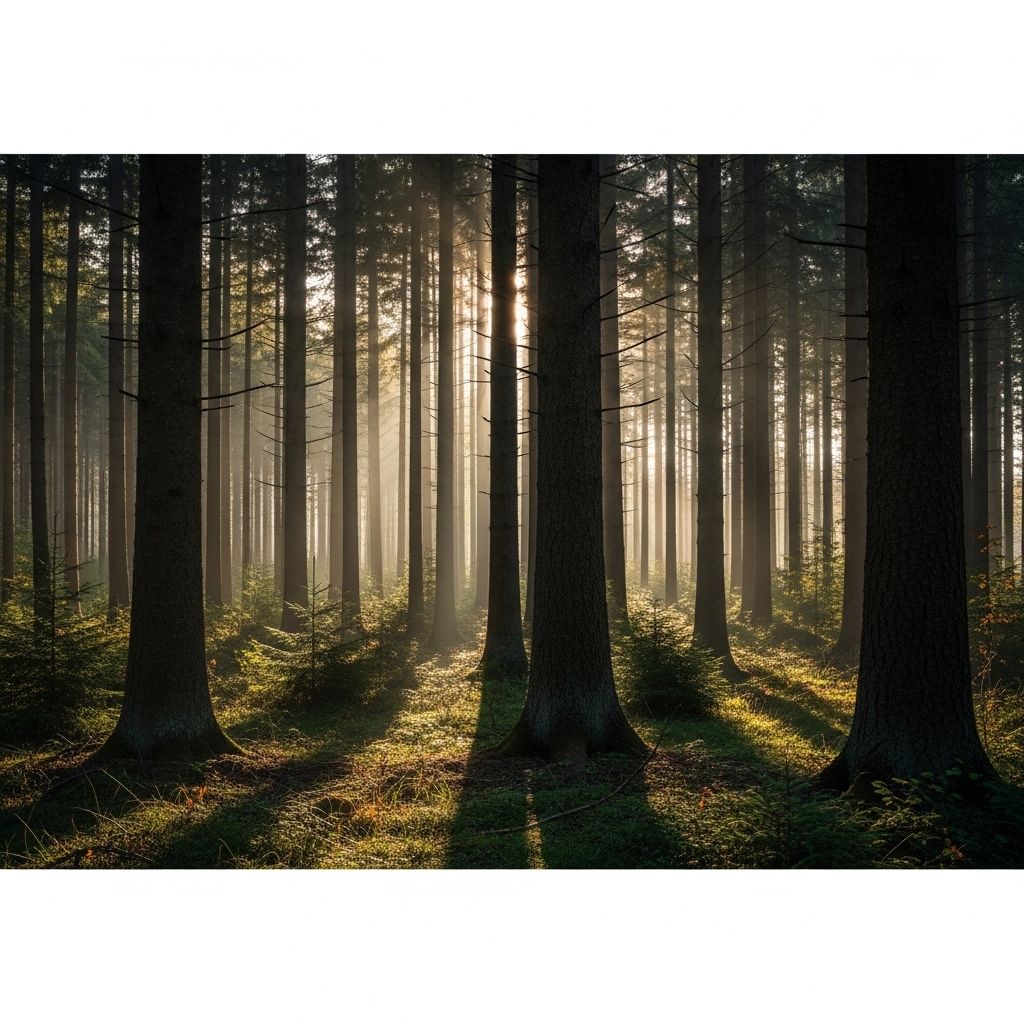Serene forest landscape with soft morning light filtering through tall trees, evoking stillness and the natural soundscape of an undisturbed woodland