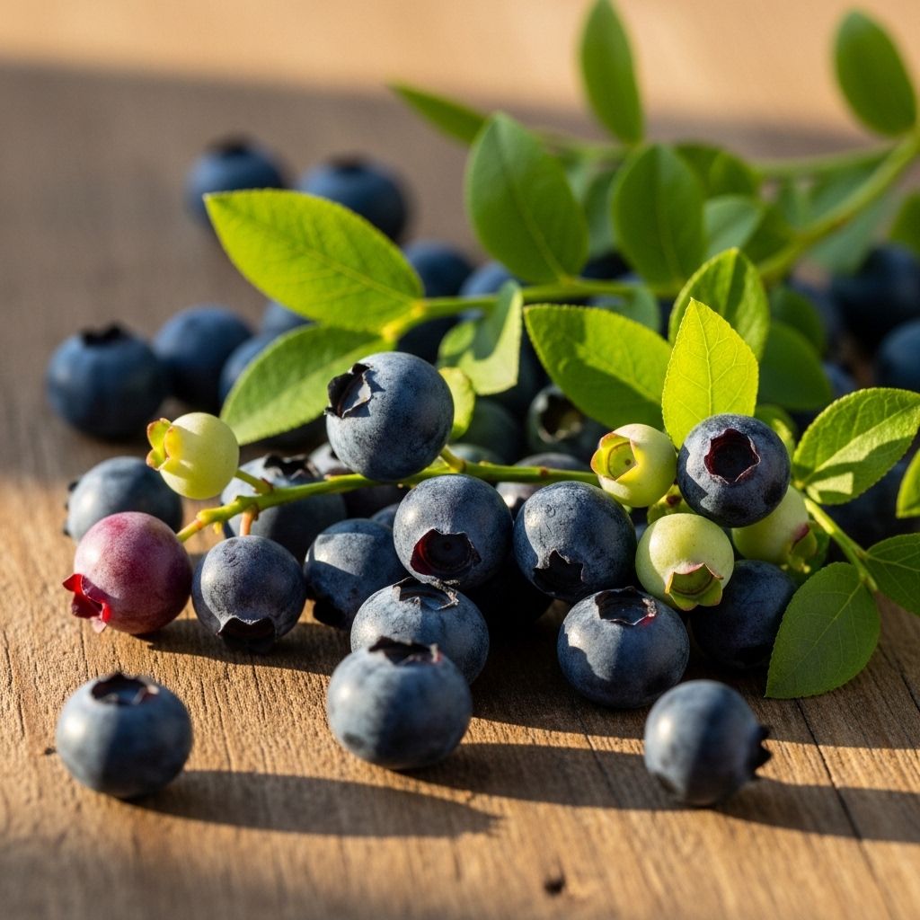 Close-up of deep violet blueberries and green leaves on a wooden surface, lit by warm afternoon sunlight with soft natural shadows and visible berry textures